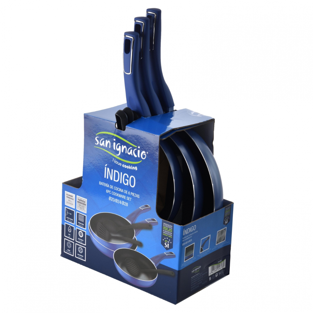 Set de 3 Sartenes más 3 Útiles de Aluminio Prensado SAN IGNACIO Índigo 20-24-28 cm