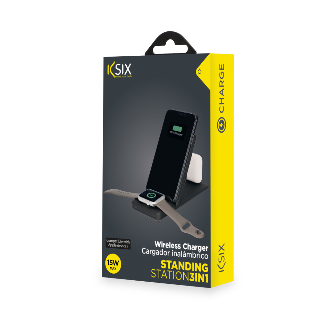 Cargador inalámbrico 3 en1 Ksix, 15W, Tec. Qi, Fast charge, 3 simult.: smartphone, earbuds y Apple Watch (Series 1-7), Negro BXCQI13QC2