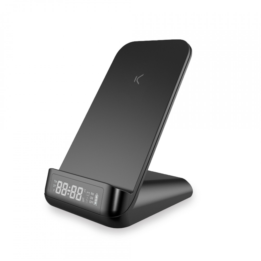 Despertador cargador inalámbrico sobremesa Ksix, 15W, Tecnología Qi, Modos visualización, Temperatura ambiente, Negro BXCQI17