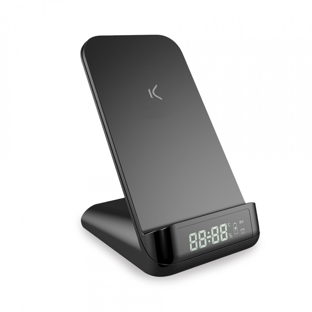 Despertador cargador inalámbrico sobremesa Ksix, 15W, Tecnología Qi, Modos visualización, Temperatura ambiente, Negro BXCQI17
