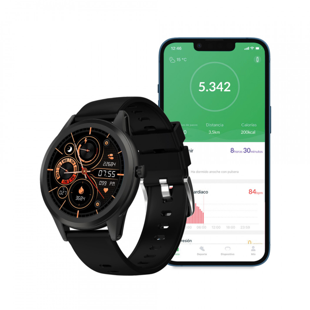 Smartwatch Ksix Globe, Pantalla ultrafina 1.28" Multitáctil, 7 días, App, Monitoreo salud, Modo multideporte, Sumergible, Negro BXSW12N