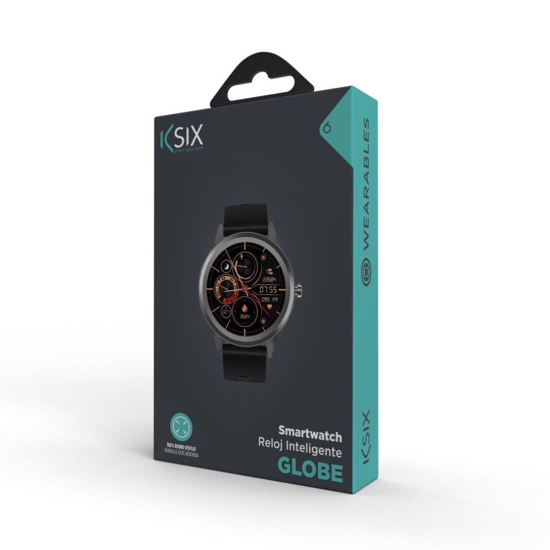 Smartwatch Ksix Globe, Pantalla ultrafina 1.28" Multitáctil, 7 días, App, Monitoreo salud, Modo multideporte, Sumergible, Negro BXSW12N