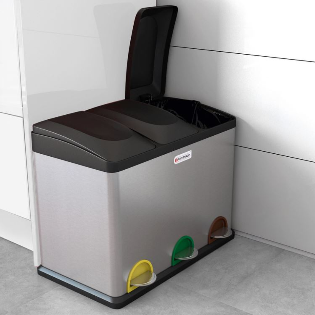 CUBO BASURA RECICLAJE 45L 3 COMPARTIMENTOS ACERO INOX PT 9338