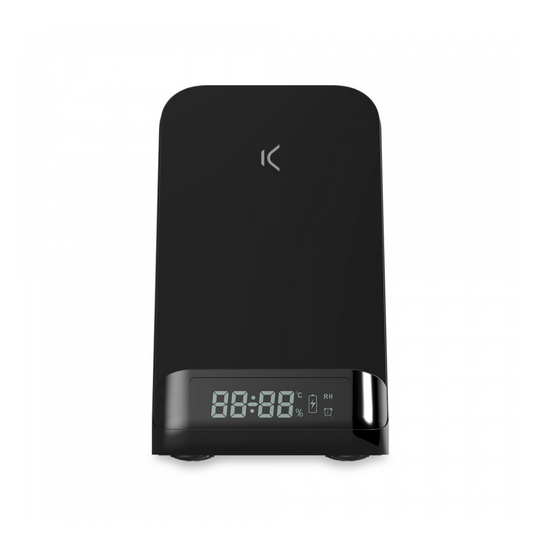 Despertador cargador inalámbrico sobremesa Ksix, 15W, Tecnología Qi, Modos visualización, Temperatura ambiente, Negro BXCQI17